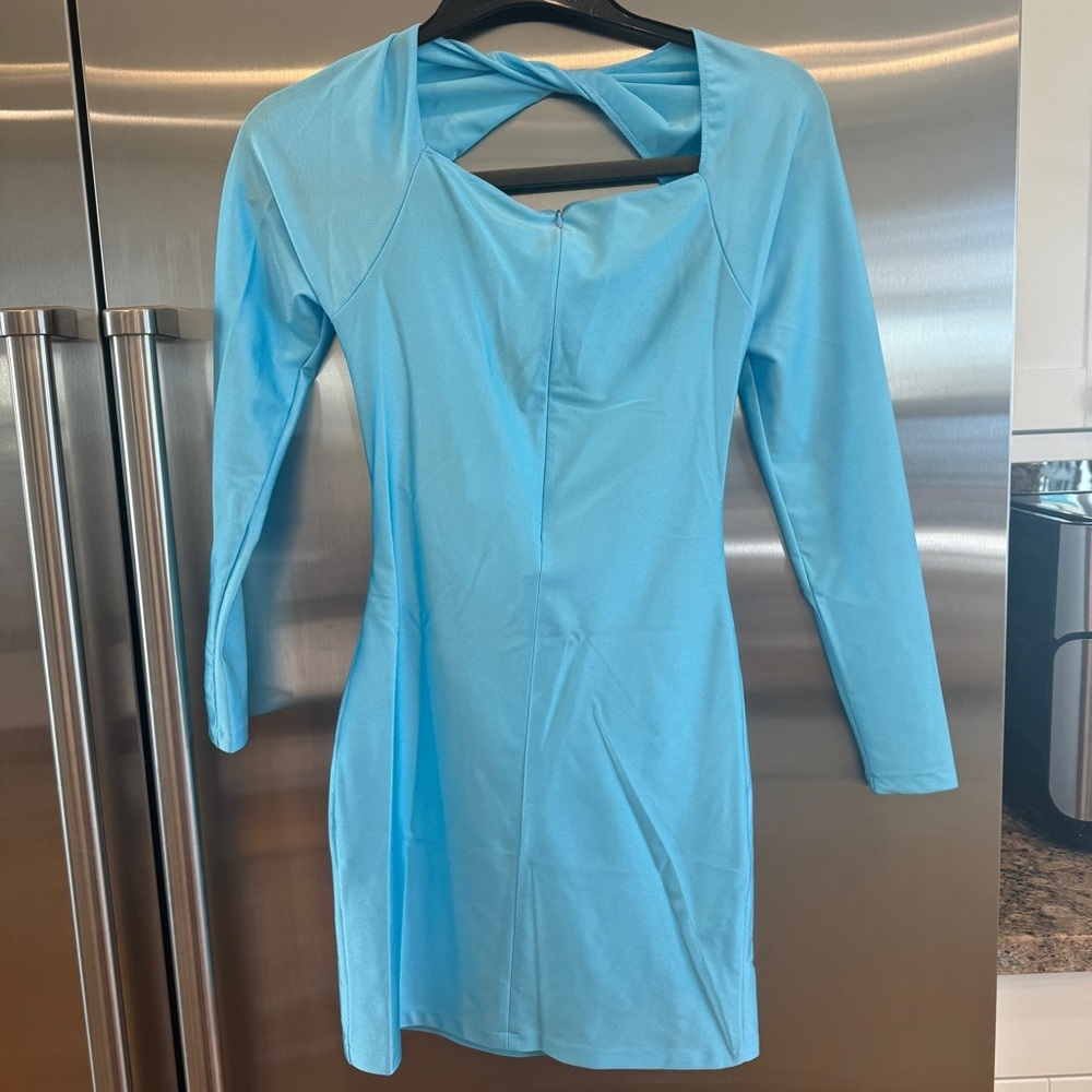 NWT Coperni cutout mini dress jersey turquoise blue body con long sleeve - Picture 9 of 11